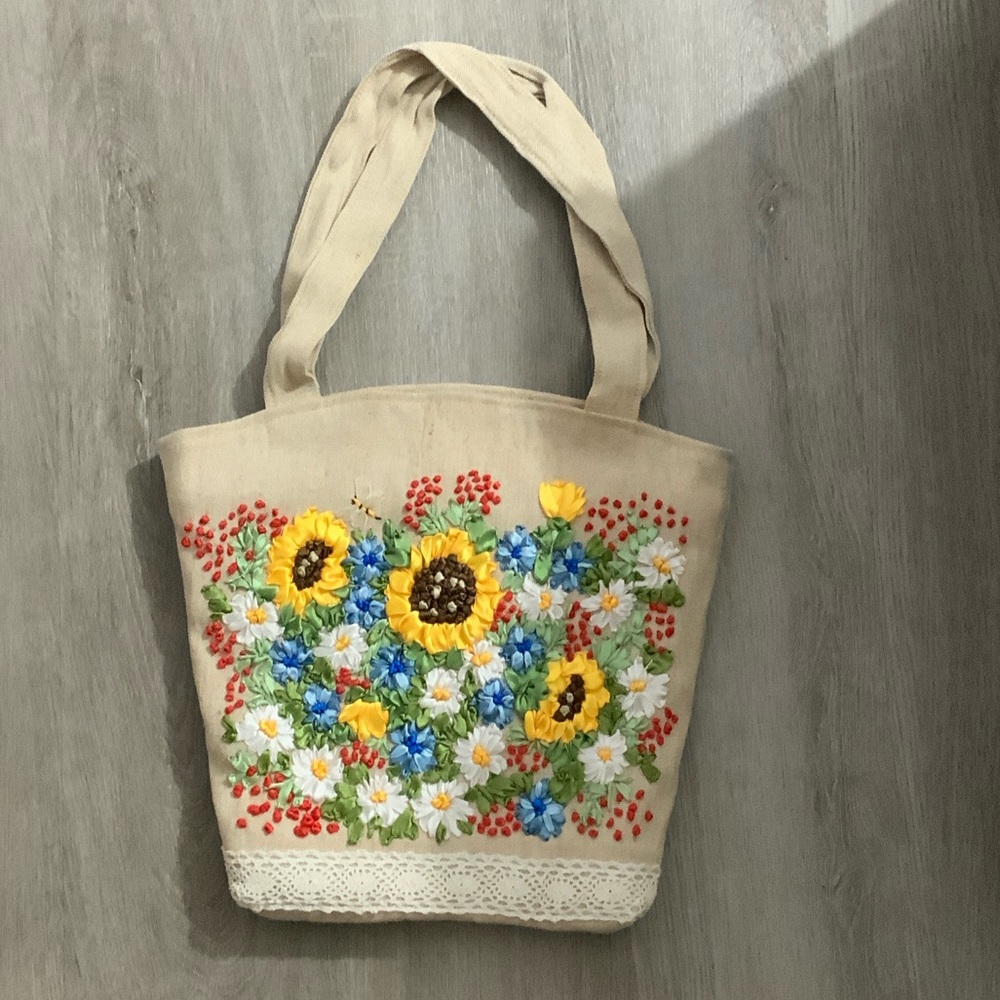 Sunflower Hand Sewn and Embroidered Beige Tote Bag - New